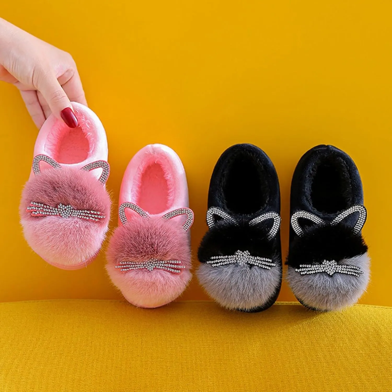 Cute Cat Slippers for Kids Warm Plush Winter Cotton Furry House Slipper Girls Boys Fuzzy 𝐂artoon Fl𝐮ffy 𝐅lats Shoes