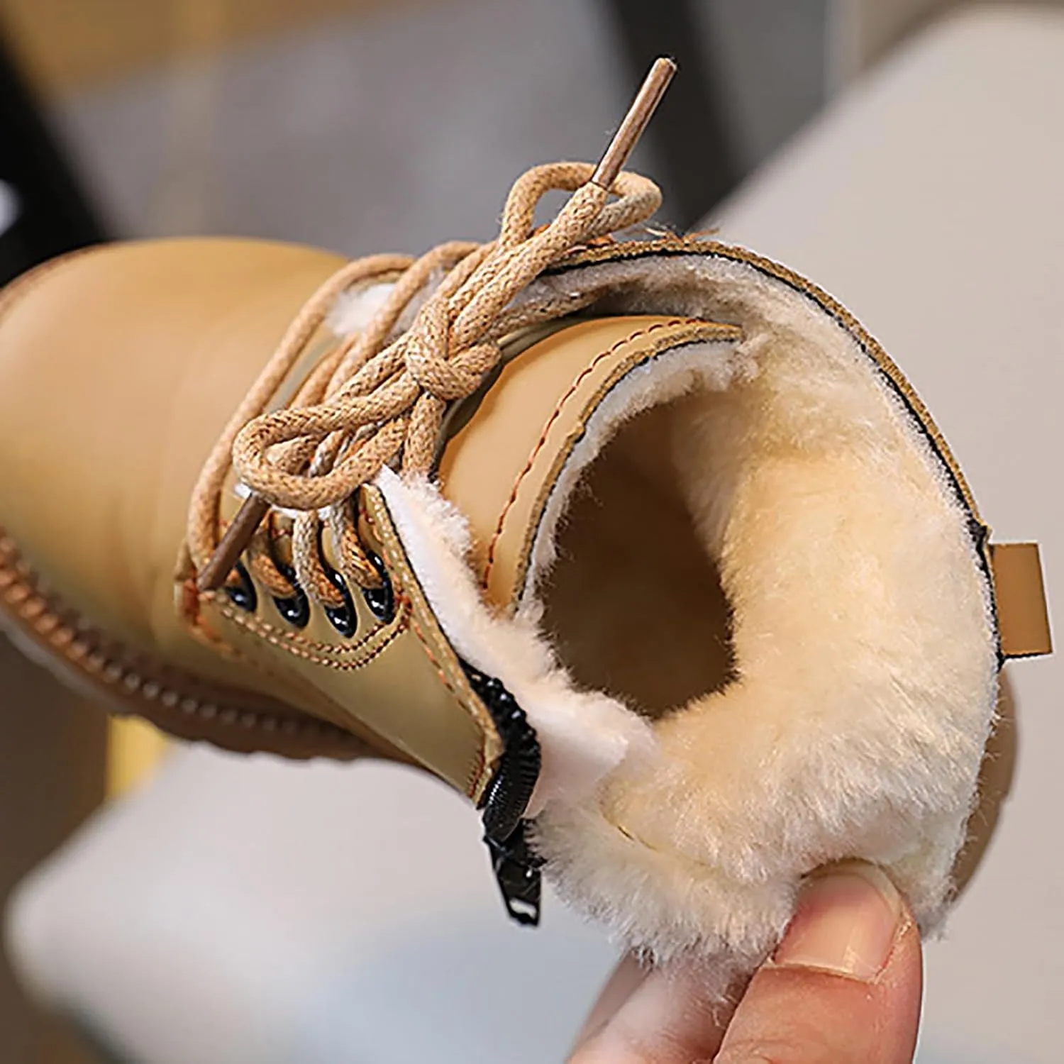 DIYCAM Toddler Girls Lace-up Combat Ankle Boots Low Heel Short Booties Outdoor Winter Boots with Side Zipper Boots Solid Color Furry Linling Short Boots