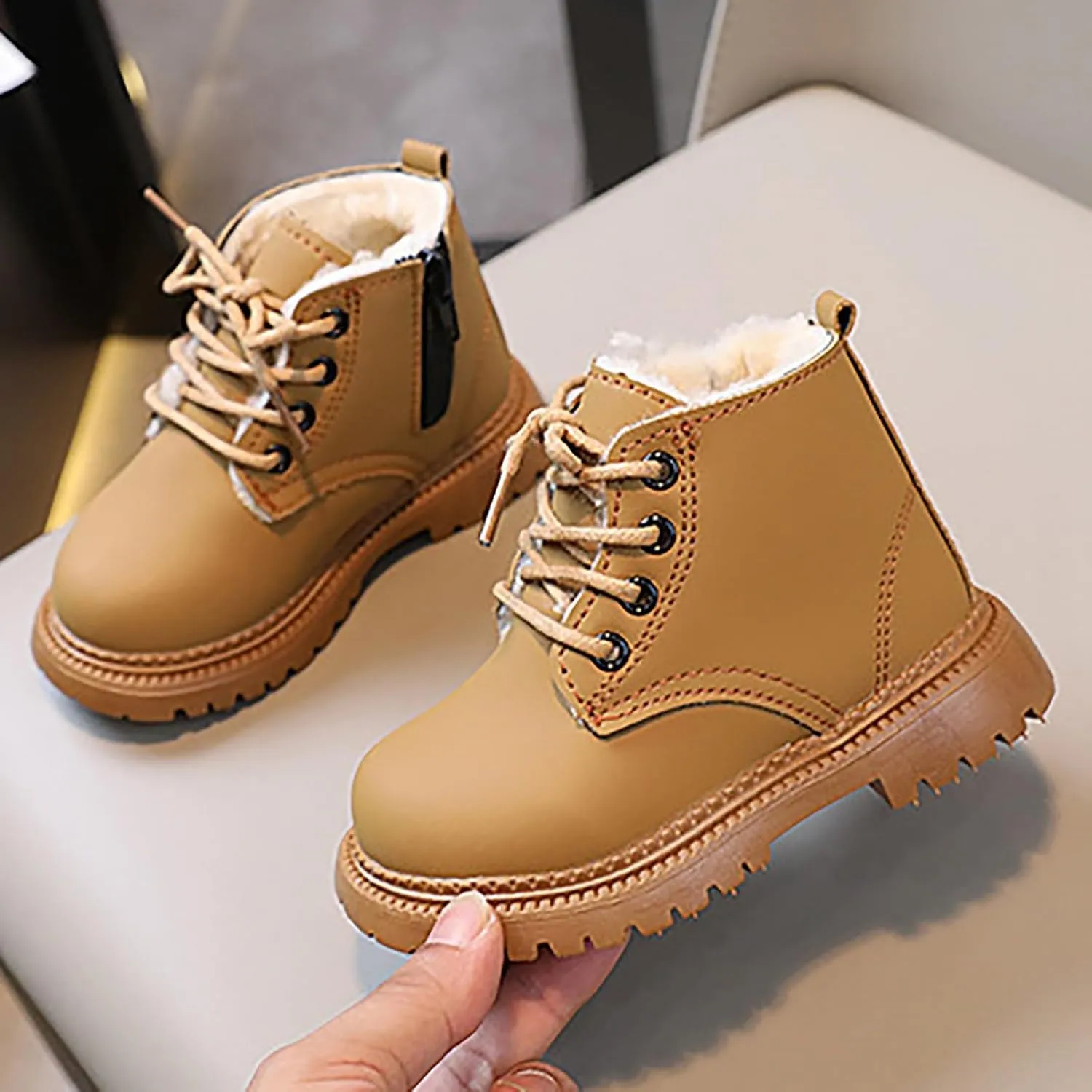 DIYCAM Toddler Girls Lace-up Combat Ankle Boots Low Heel Short Booties Outdoor Winter Boots with Side Zipper Boots Solid Color Furry Linling Short Boots