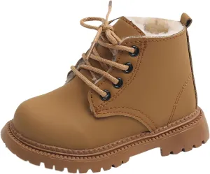 DIYCAM Toddler Girls Lace-up Combat Ankle Boots Low Heel Short Booties Outdoor Winter Boots with Side Zipper Boots Solid Color Furry Linling Short Boots