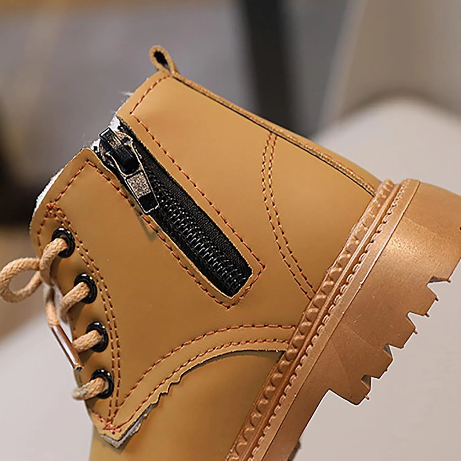 DIYCAM Toddler Girls Lace-up Combat Ankle Boots Low Heel Short Booties Outdoor Winter Boots with Side Zipper Boots Solid Color Furry Linling Short Boots