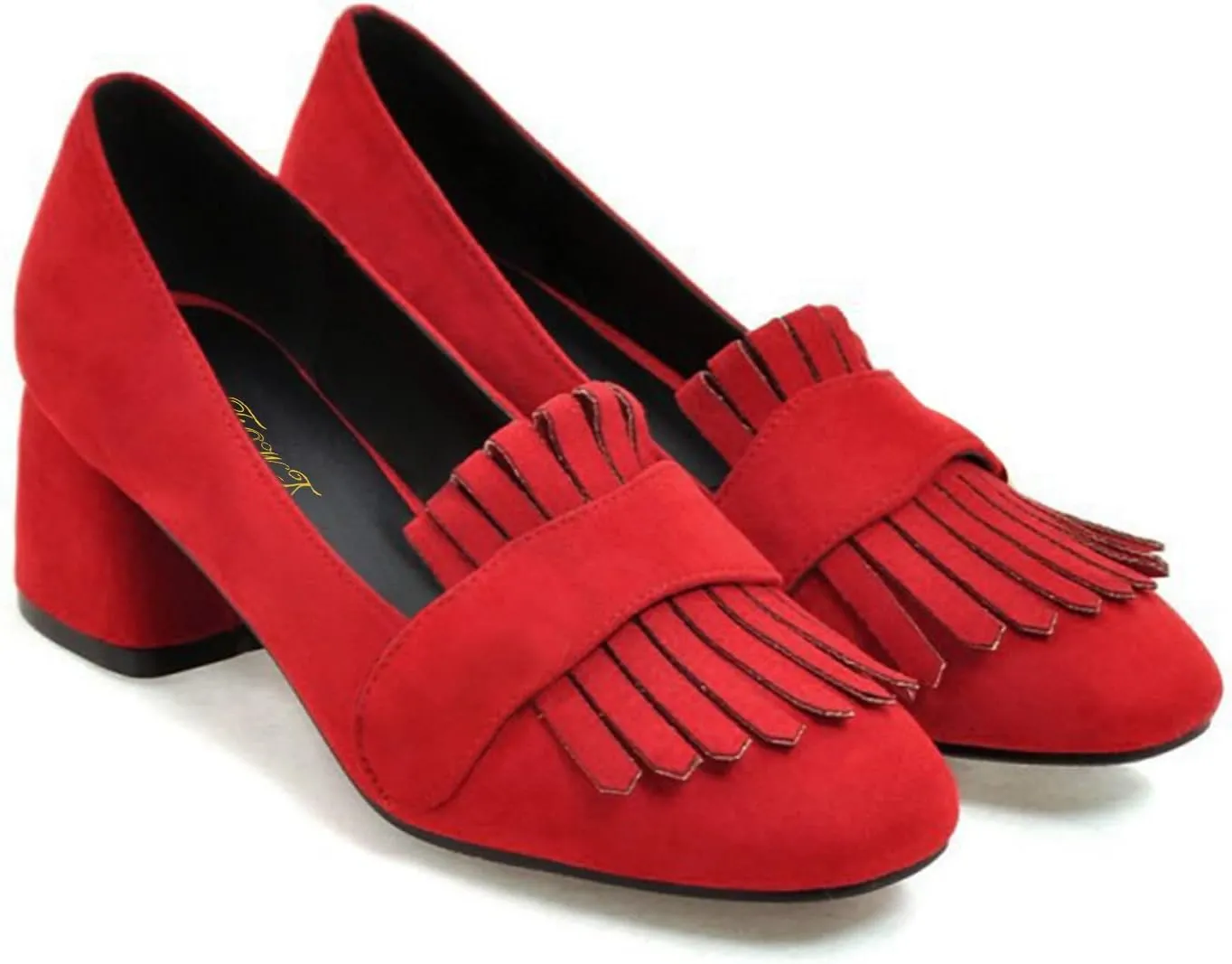 FOWT Comfort Suede Tassel Loafers Black Pumps for Women Elegant Closed Almond Toe Mid Chunky Heels Chic Block 2 inches Heel Slip-On Dress Daily School Uniform Shoes, US Size 4-16 M