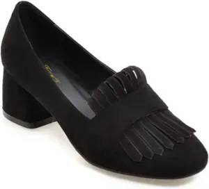 FOWT Comfort Suede Tassel Loafers Black Pumps for Women Elegant Closed Almond Toe Mid Chunky Heels Chic Block 2 inches Heel Slip-On Dress Daily School Uniform Shoes, US Size 4-16 M