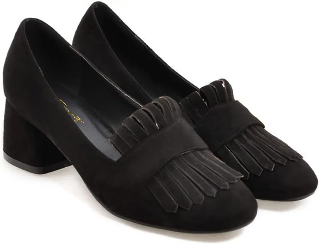 FOWT Comfort Suede Tassel Loafers Black Pumps for Women Elegant Closed Almond Toe Mid Chunky Heels Chic Block 2 inches Heel Slip-On Dress Daily School Uniform Shoes, US Size 4-16 M