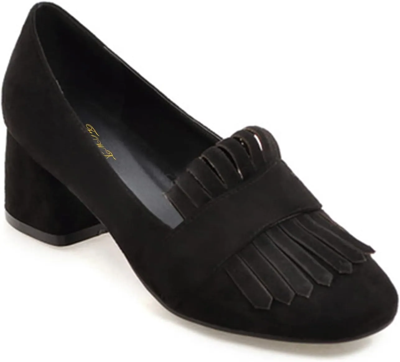FOWT Comfort Suede Tassel Loafers Black Pumps for Women Elegant Closed Almond Toe Mid Chunky Heels Chic Block 2 inches Heel Slip-On Dress Daily School Uniform Shoes, US Size 4-16 M