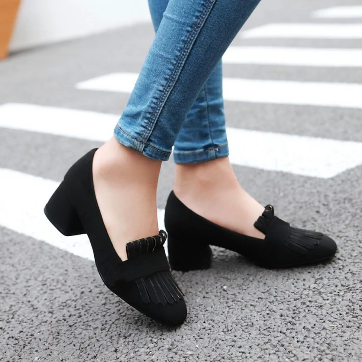 FOWT Comfort Suede Tassel Loafers Black Pumps for Women Elegant Closed Almond Toe Mid Chunky Heels Chic Block 2 inches Heel Slip-On Dress Daily School Uniform Shoes, US Size 4-16 M