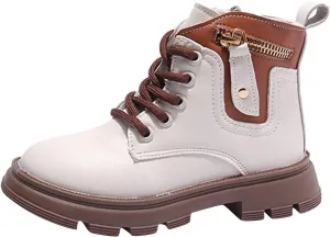 Girls Lace Up Ankle Boots, Girls Leather Shoes Waterproof Leather Short Boots Non Slip Breathable Nude Snow Boots (White, 8-9 Years Little Child)