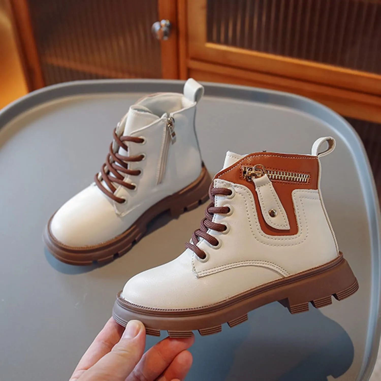 Girls Lace Up Ankle Boots, Girls Leather Shoes Waterproof Leather Short Boots Non Slip Breathable Nude Snow Boots (White, 8-9 Years Little Child)