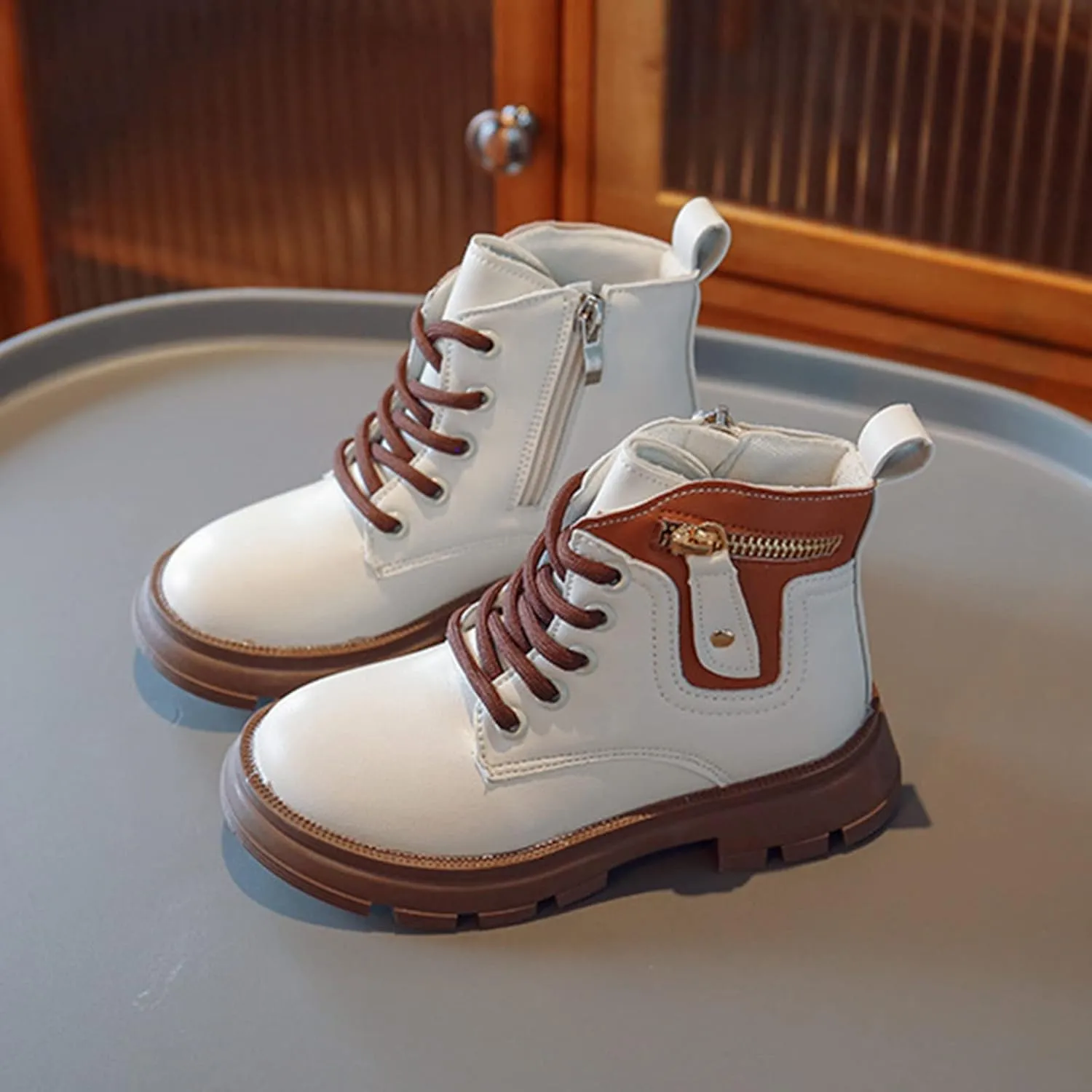 Girls Lace Up Ankle Boots, Girls Leather Shoes Waterproof Leather Short Boots Non Slip Breathable Nude Snow Boots (White, 8-9 Years Little Child)