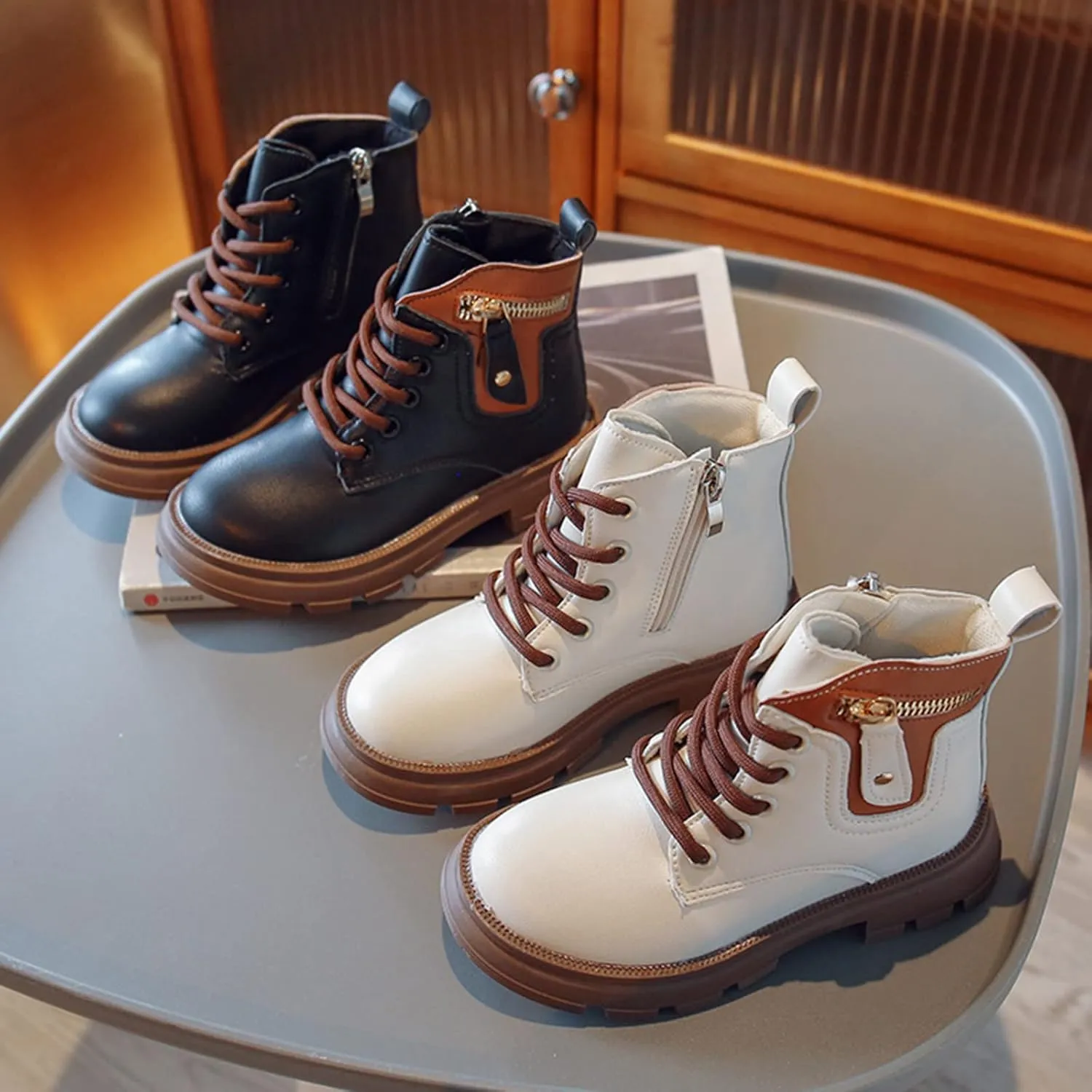 Girls Lace Up Ankle Boots, Girls Leather Shoes Waterproof Leather Short Boots Non Slip Breathable Nude Snow Boots (White, 8-9 Years Little Child)