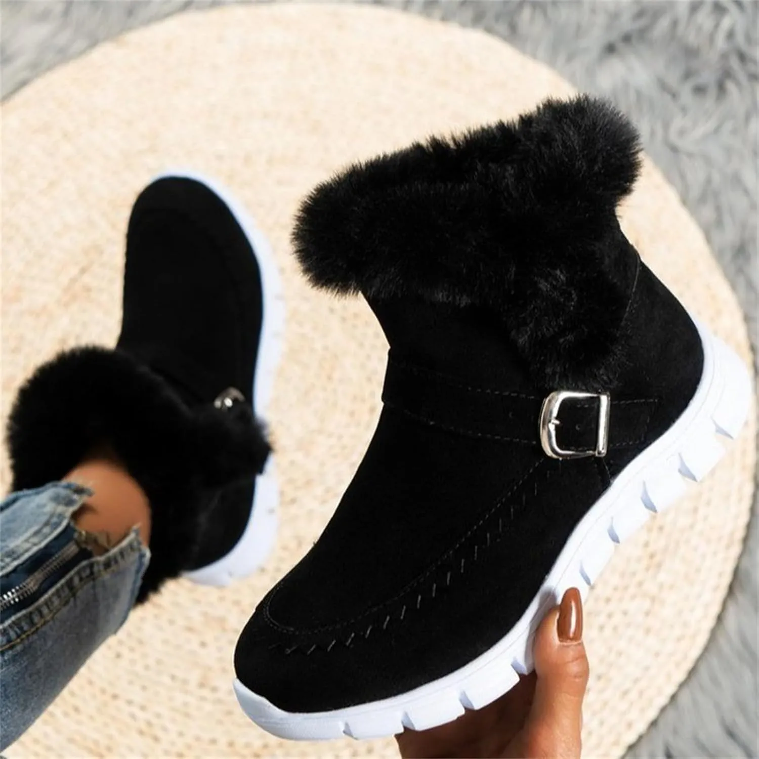 Ladmiple Snow Boots For Women Cute Wide Calf Winter Ankle Booties Slip on Warm Comfortable Outdoor Fur Lined Walking Shoes