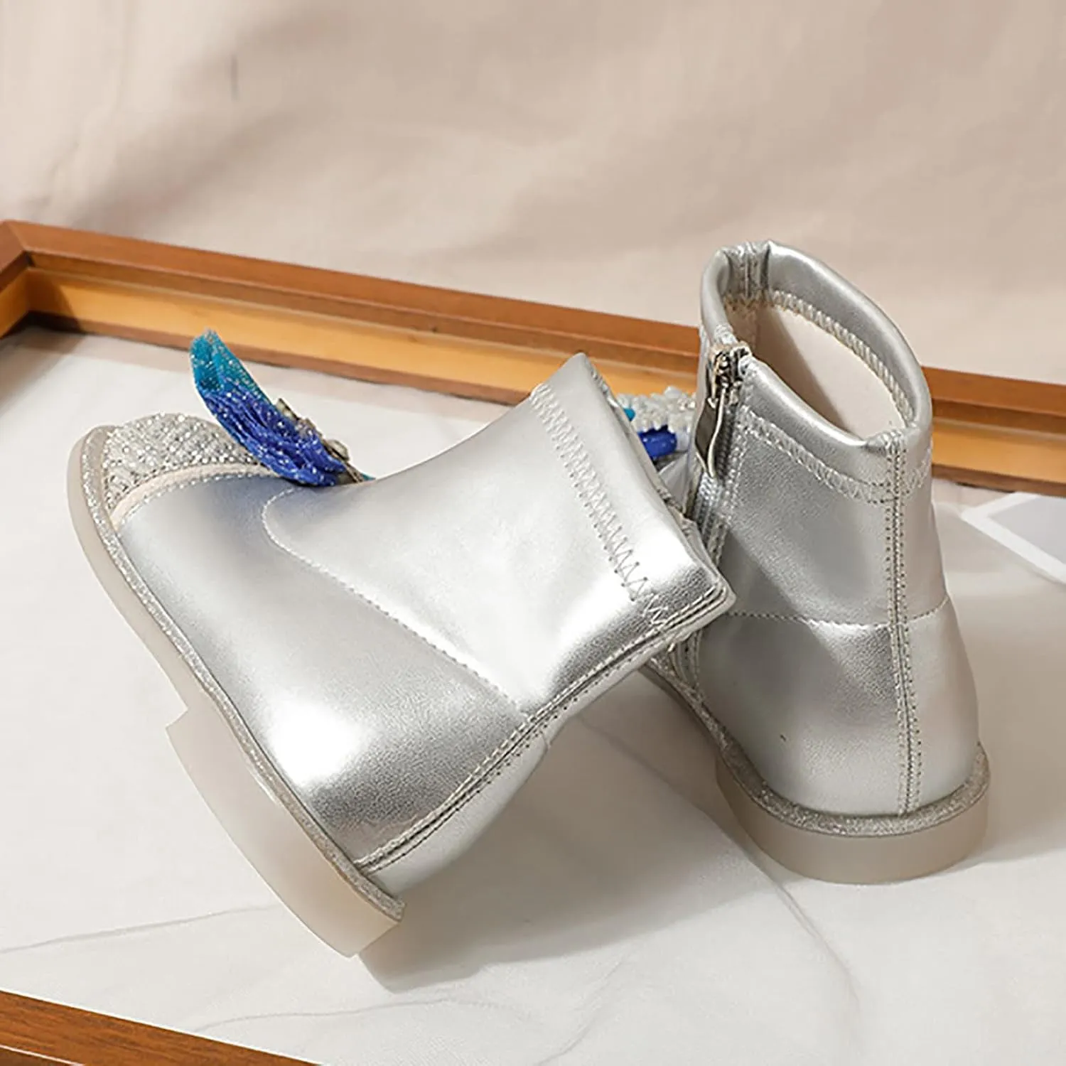 Leather Shoes For Girls Glitter Ankle Boots Kids Low Heel Dress Booties Fashion Side Zipper Short Girls Hunting Gear